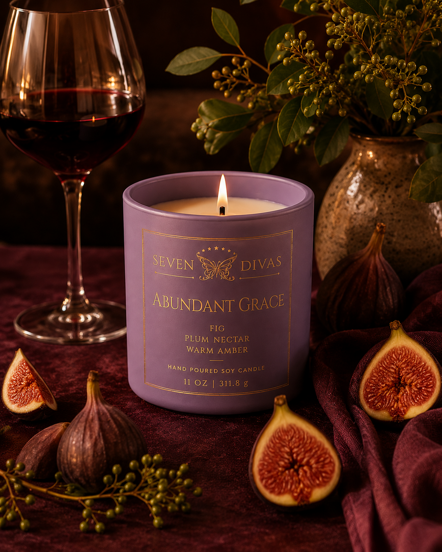 Abundant Grace hand-poured soy candle in an amethyst purple ceramic jar by Seven Divas