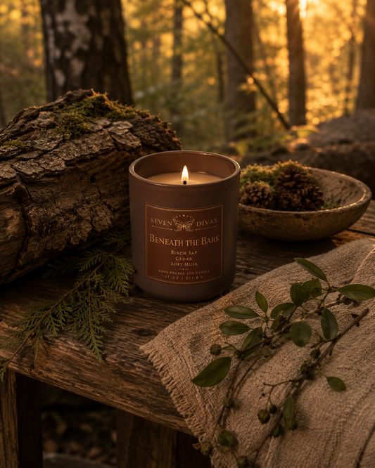 Beneath the Bark hand-poured soy candle, Seven Divas Turning Season collection