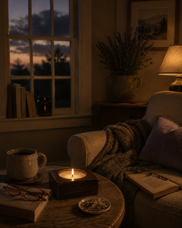 Days End — Between Chapters hand-poured soy candle in a vintage-inspired cheesemold by Seven Divas