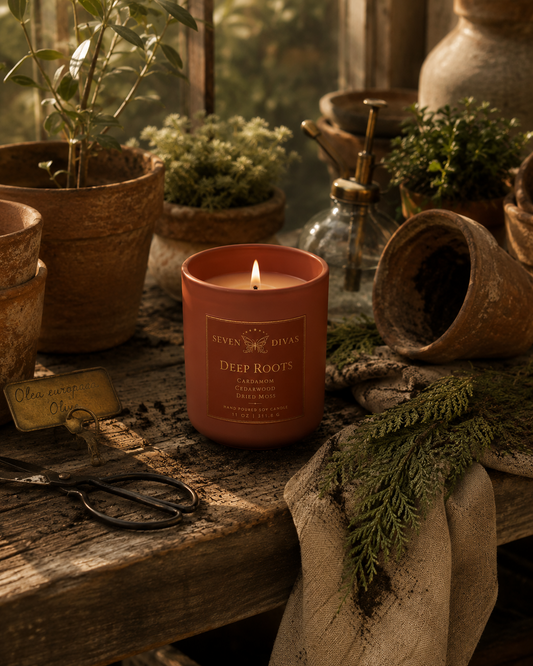 Deep Roots hand-poured soy candle, Seven Divas Turning Season collection