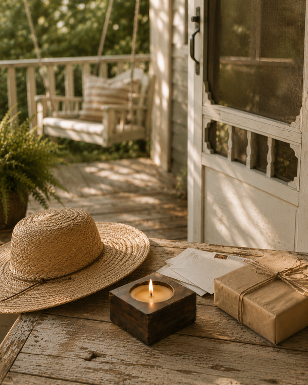 Front Porch — Between Chapters hand-poured soy candle in a vintage-inspired cheesemold by Seven Divas