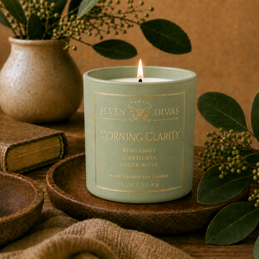 Morning Clarity hand-poured soy candle in a ceramic jar by Seven Divas