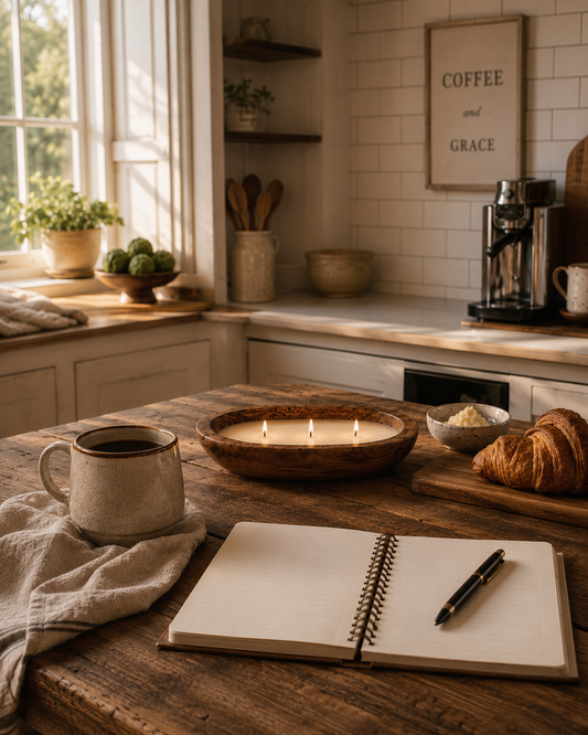 Morning Kitchen — Between Chapters hand-poured soy candle in a signature dough bowl by Seven Divas
