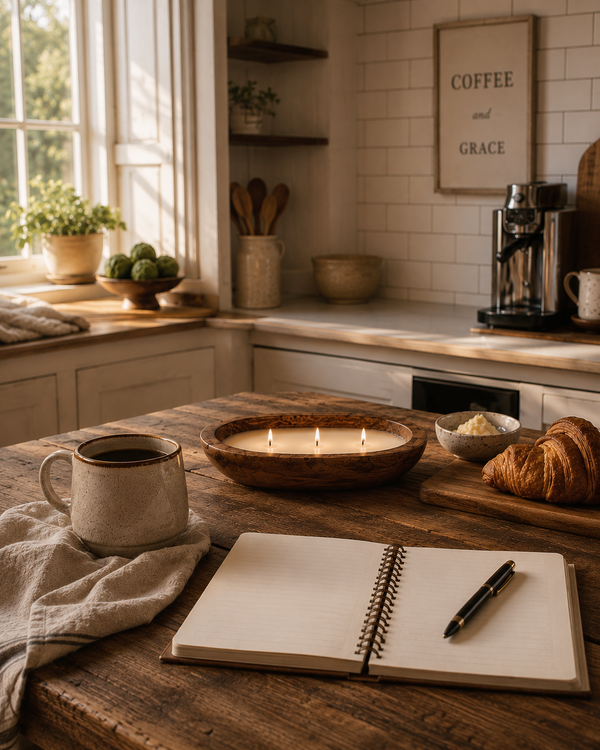 Morning Kitchen — Between Chapters hand-poured soy candle in a signature dough bowl by Seven Divas