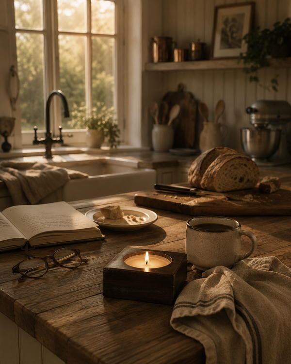 Morning Kitchen — Between Chapters hand-poured soy candle in a vintage-inspired cheesemold by Seven Divas