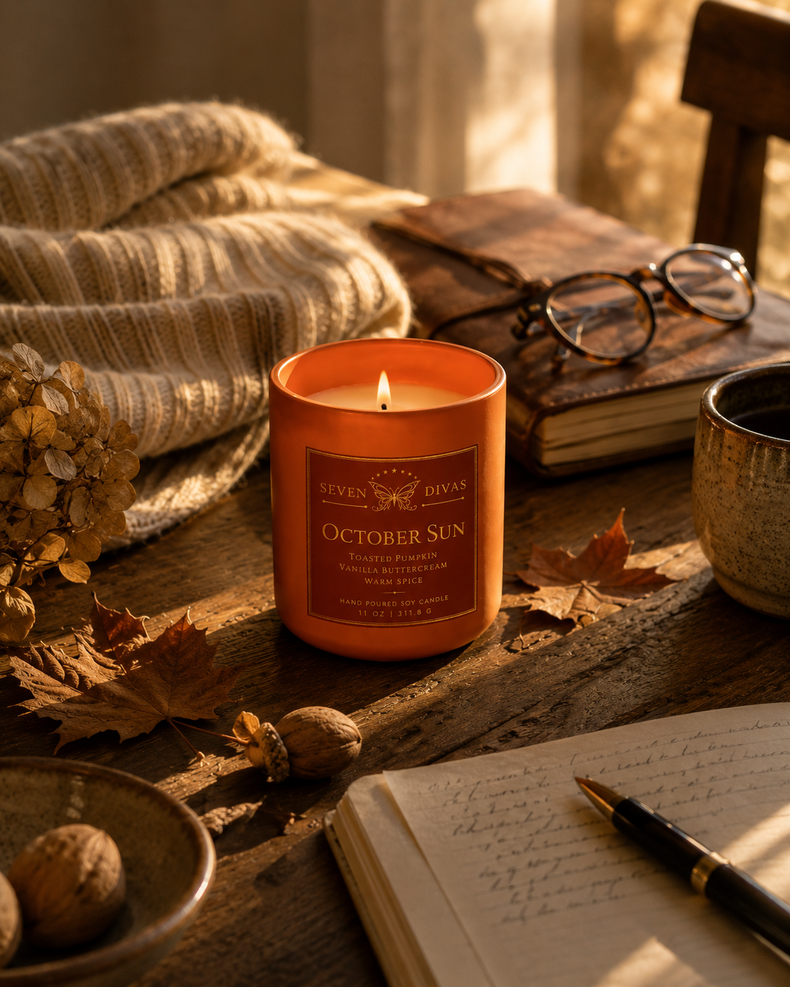 October Sun hand-poured soy candle, Seven Divas Turning Season collection