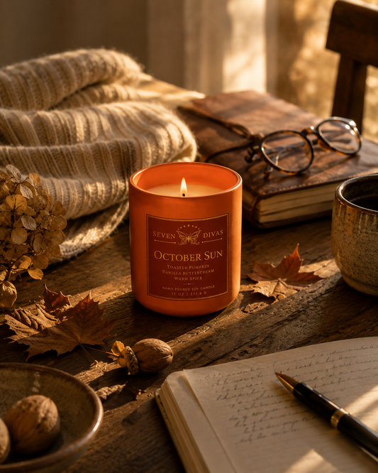 October Sun hand-poured soy candle, Seven Divas Turning Season collection