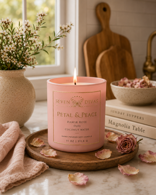 Petal & Peace hand-poured soy candle in a ceramic jar by Seven Divas