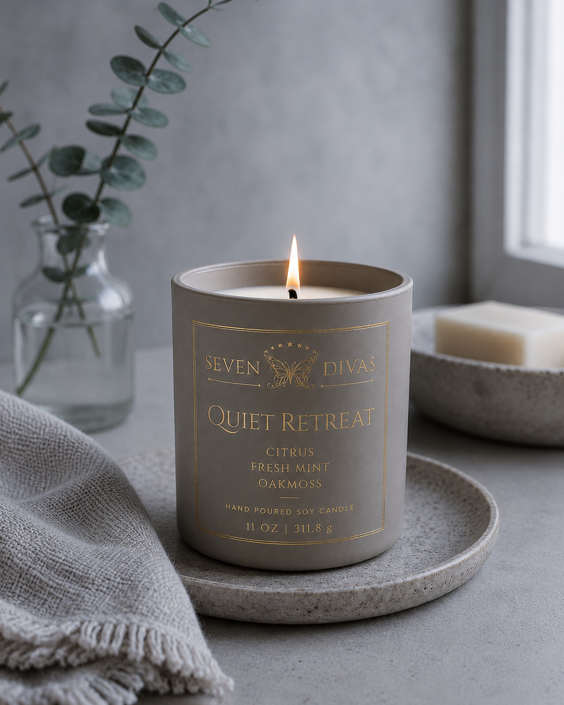 Quiet Retreat hand-poured soy candle in a ceramic jar by Seven Divas