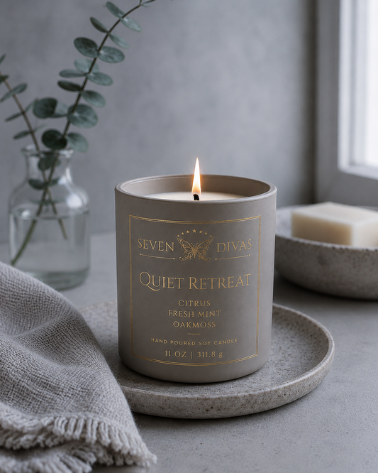 Quiet Retreat hand-poured soy candle in a ceramic jar by Seven Divas