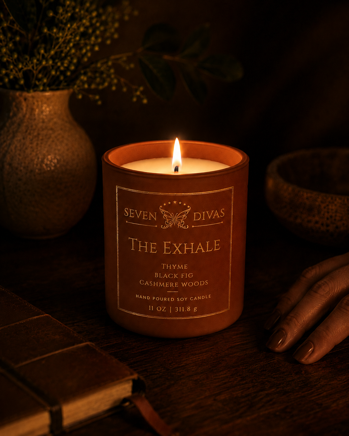The Exhale hand-poured soy candle in a ceramic jar by Seven Divas