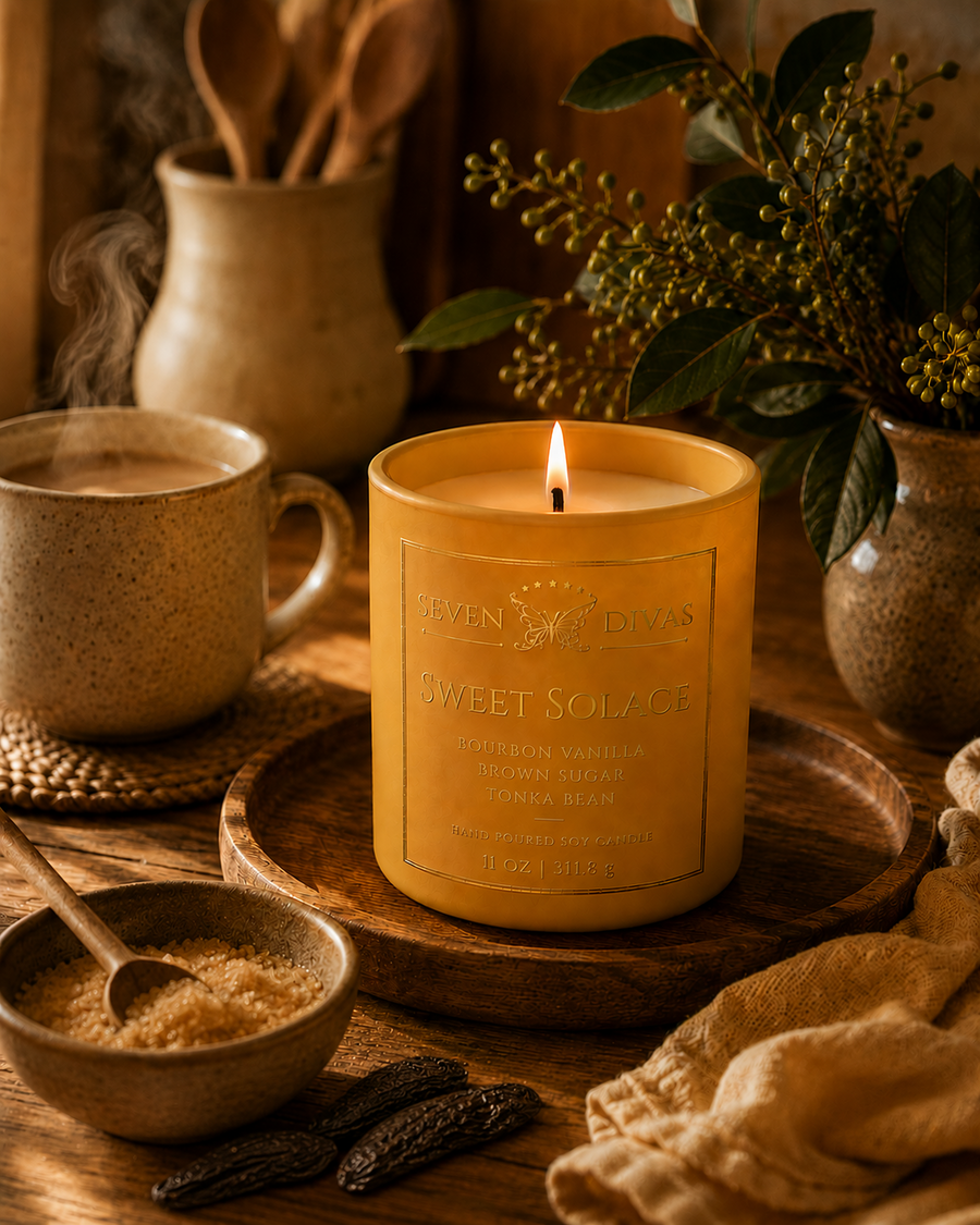 Sweet Solace hand-poured soy candle in a ceramic jar by Seven Divas