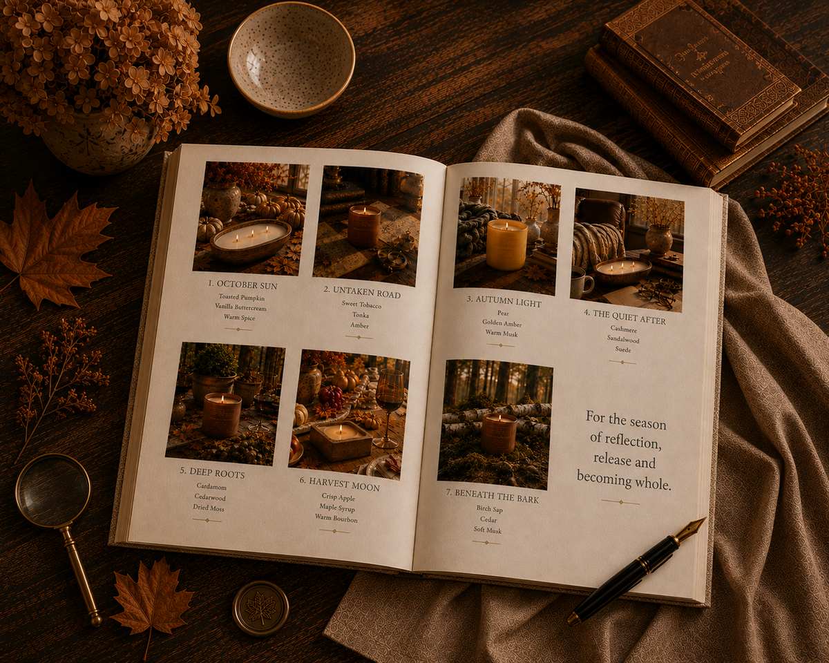 An open book styled flat lay showing all seven Turning Season candles — October Sun, Untaken Road, Autumn Light, The Quiet After, Deep Roots, Harvest Moon, and Beneath the Bark — each with its scent notes, beside the words 'For the season of reflection, release, and becoming whole.'
