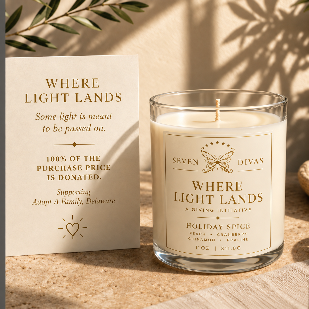 Where Light Lands donation candle by Seven Divas, supporting Adopt A Family Delaware